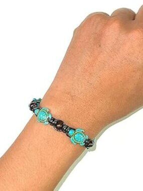 Boho Black Wood Beads Turtle Hemp Bracelet Anklet Turquoise Colored Turtles
